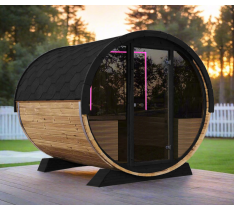 SAUNA FINLANDESE 6-8 POSTI BOTTE BARREL PER ESTERNO SKY VIEW VISTA TONDA 210X180 CM KING - VETRO 8MM - LED - PORTA VETRO OBLO' PIENO - STUFA HARVIA ECO-TECH -OZONO - NUOVO PC - RADIO + MP3 - MP4 - USB - BLUETOOTH - AROMATERAPIA - CROMOTERAPIA LED